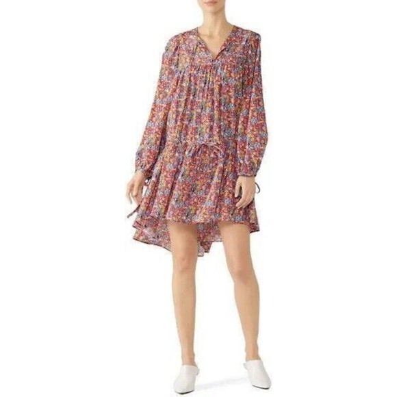 Perseverance London Dress Womens Small Red Floral Boho Cottage Core Tie Gathered - Picture 2 of 13